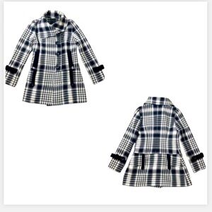 Women’s Retro Vibes Preppy Plaid Black Gray White Striped PeaCoat Peplum Wool